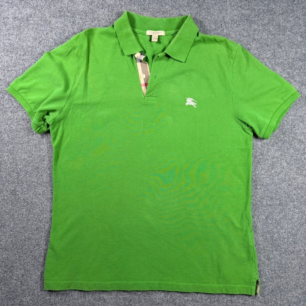 Burberry Brit Polo Shirt Mens Large Green Nova Check Placket Short Sleeve Cotton